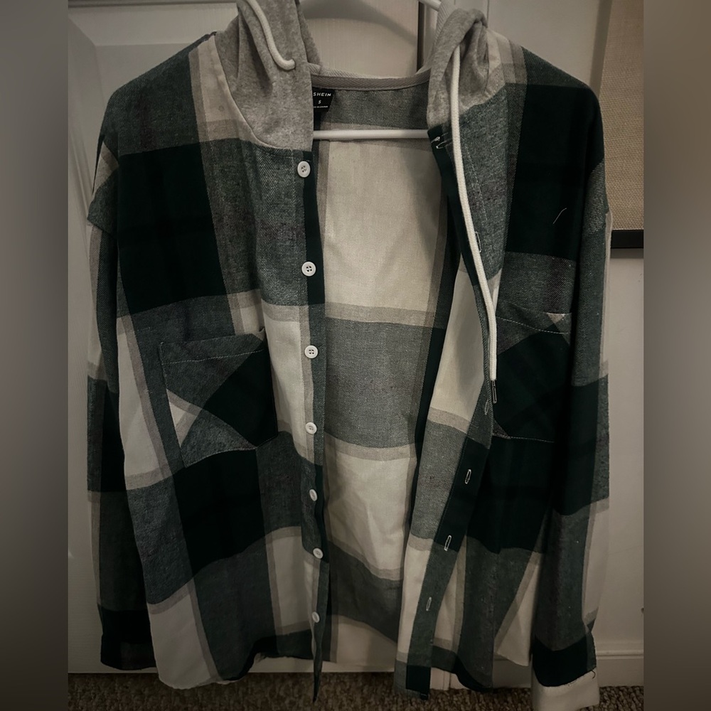 SHEIN Green and Gray Plaid Casual Button Down Shirt
